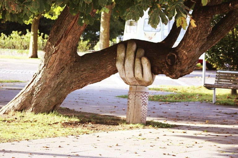 hoelzerne handskulptur stuetzt schweren ast eines eines baumes, foto: unsplash.com, neil-thomas